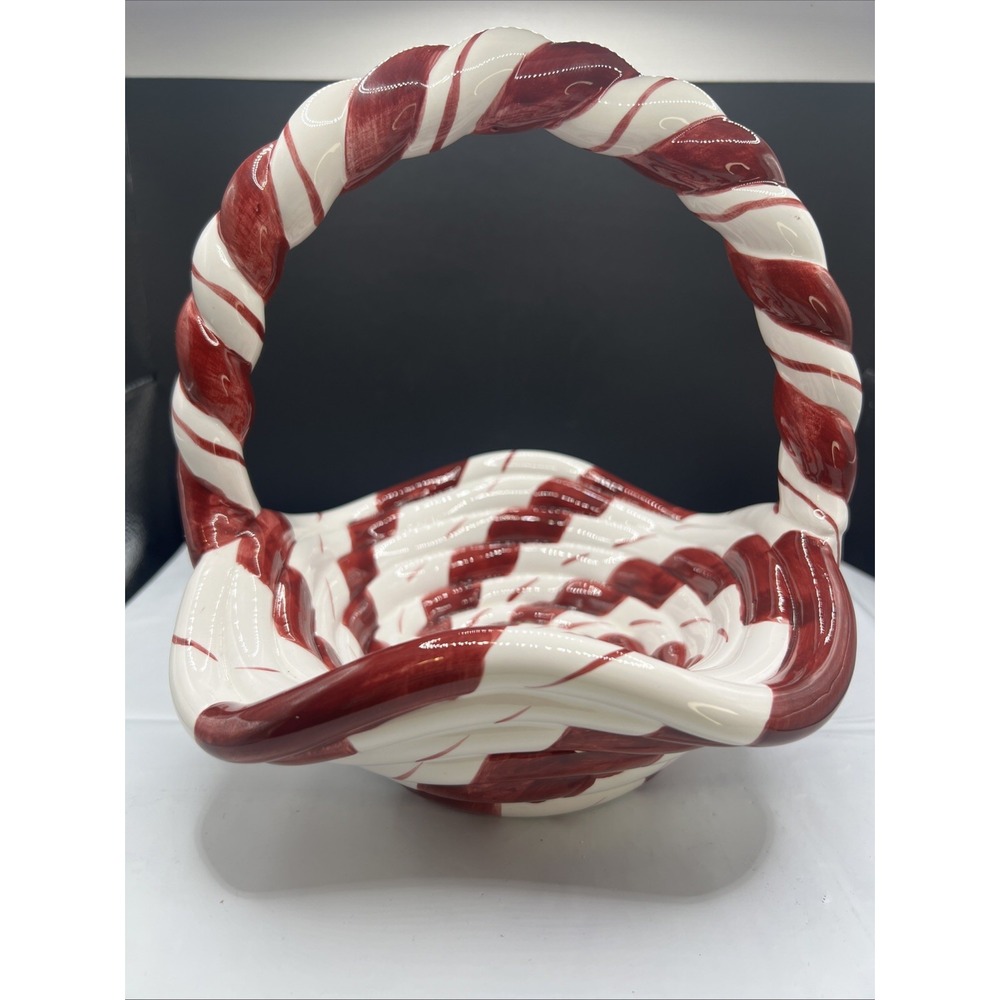 Vintage Lillian Vernon Ceramic Candy Cane Striped Basket Christmas Peppermint